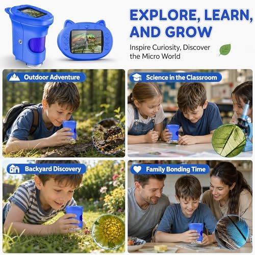 Microscope Enfant, Microscope Numérique Portable 1000X 4K avec Écran IPS 2,4", 8 LED, USB Rechargeable, Jouet Éducatif Scientifique STEM, Cadeau Anniversaire Fille Garçon 3-12 Ans, Bleu