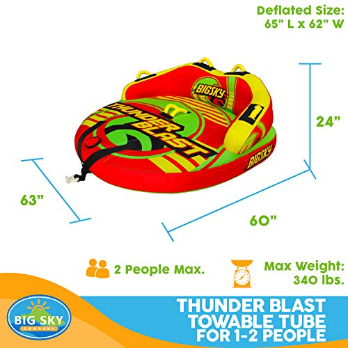 Big Sky Thunder Blast Towable Tube for 1-2 People - Roomy, Durable Boating Tubes for Lake, Beach, River, Snow - Watersports Towables - Quick Inflation and Deflation - Two Person Boat Toys and Floats
