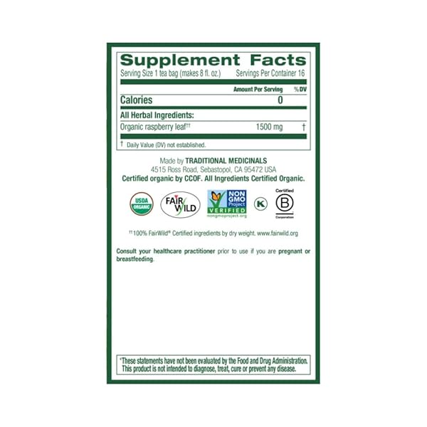 TRADITIONAL MEDICINALS ORGANIC RASPBERRY LEAF HERBAL TEA, EASES MENSTRUAL CRAMPS & SUPPORTS HEALTHY PREGNANCY, (PACK OF 1) – 16 TEA BAGS