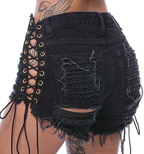Lory Women’s Fashion High Waisted Black Denim Shorts Lace Up Style