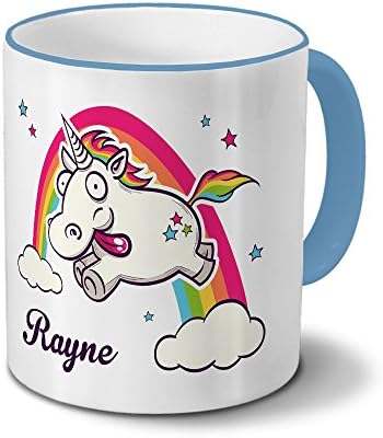 PhotoFancy – Personalised Unicorn Mug with the name Rayne - Design: Crazy Unicorn (light blue)