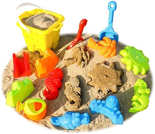 Toch Sand Beach Toy Set with No-sharp Model Molds Bucket, Shovel, Rake, Kettle in Reusable Zipper Bag, Best Summer Camping 13-pcs Sea Beach Patio Play Toy for Toddler Kids Child, Random Color