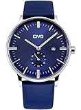CIVO Men's Simple Genuine Leather Band Waterproof Wrist Watch Dress Luxury Business Casual Date Calendar (Blue)