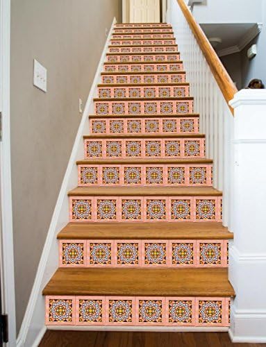 Rose Tile RiserArt 37" x 14 Painted Stairway Decoration Adhesive Vinyl Stair Riser Panels Easy To Install and Removable
