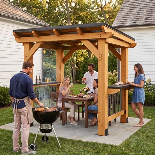 Aoxun 8x5 Cedar Wood Hardtop BBQ Gazebo with Galvanized Steel Roof & Side Shelves image 28