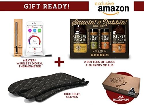 Exclusive Barbecue Gift Set Including One Meater Wireless Thermometer, Rufus Teague BBQ Sauce Gift Pack and Extra Long BBQ Gloves. Amazon Exclusive-Limited Availability.
