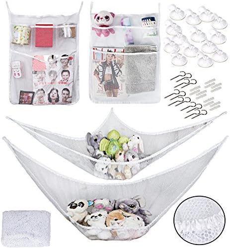 Toy Hammock Organizer [2 PACK] - Plus! Bath Tub Toy Organizers [2 COUNT] - Bonus! Shower Hooks [1 Dozen] Double the organization of your kid's toys both in the bathtub and the play room!