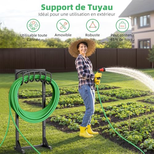 iRhodesy Garden Hose Holder, Heavy Duty 43" Freestanding Hose Stand with 4 Pegs, Metal Bracket Holds Up to 45m Garden Yard Garden Hose