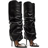 MAIJED Slouchy Knee High Boots for Women Open Toe High Heel Sandals Boots Pull On Long Fashion Stiletto Heeled Boots