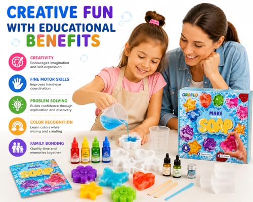 GRAFLO Soap Making Kit for Kids – DIY Make Your Own Soap Set with 8 Soap Bases, 4 Molds, 4 Colors, 2 Fragrances & Glitter, STEM Arts & Crafts Activity Gift for Boys & Girls Ages 6-12