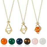 FASHEWELRY 3pcs Adjustable Stone Holder Necklace 19.49 Inch 304 Stainless Steel Golden Crystal Empty Gemstone Cage Necklace Chain with 6pcs Round Stone Beads for DIY Jewelry Making
