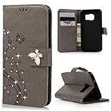 S7 Case,Samsung Galaxy S7 Case - Mavis's Diary 3D Handmade Wallet Bling Crystal Diamonds Butterfly Fashion Floral PU Leather with Wrist String Magnetic Clip Card Slots TPU Inner Cover