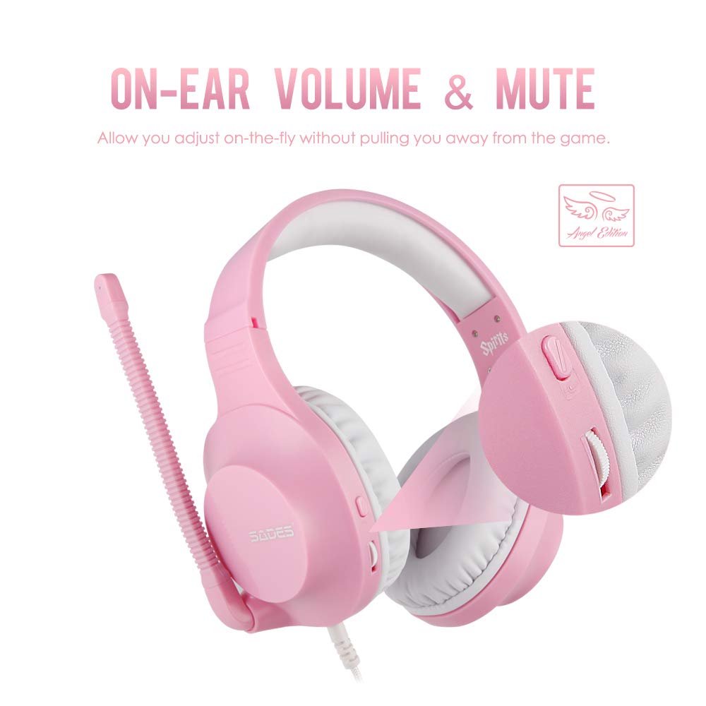 SADES Headset for Girls, Spirits 3.5mm Stereo Gaming Headphones for Nintendo Switch, PS4, Xbox One, Over Ear Headset with Noise Cancelling Mic,Volume Control, Soft Memory Earmuffs for PC, Laptop, Mac