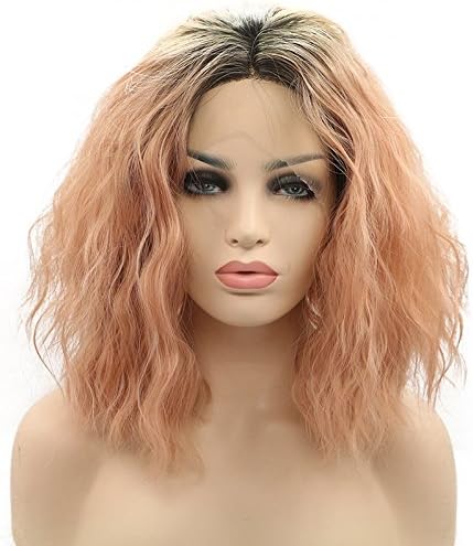 Lucyhairwig Short Wavy Bob Synthetic Lace Front Wig With Baby Hair Peach Pink Water Wave Heat Resistant Fiber Hair Wigs For Black Women