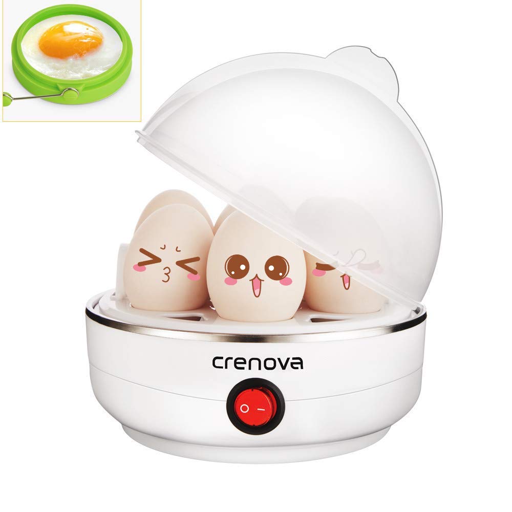 Crenova Egg Cooker Auto Shut Off 7 Egg Capacity Cooker for Hard, Medium, Soft Boiled and Poached Egg Recipes with Silicone Egg Ring & Measuring Cup
