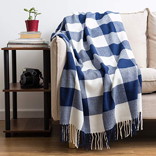 BUFFALO PLAID THROW BLANKET FOR COUCH – FARMHOUSE THROW WITH CHECK PATTERN – SOFT WOVEN WITH DECORATIVE FRINGE – LIGHTWEIGHT FOR BED, SOFA, CHAIR, OFFICE, OUTDOOR – 50 X 60 IN. (NAVY BLUE)