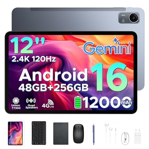 Easerush P12 Pro Tablets 12 Pulgadas, 2.4K 120Hz & 4G Sim LTE, 48GB+256GB/2TB Gemini AI & 12000mAh/18W Tablet Android 16, T7300 Octa Core Tablet con Teclado, Quad Speakers/Widevine L1/Mouse/Funda