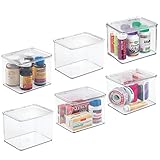 mDesign Stackable Plastic Storage Bin Box with Hinged Lid Organizer for Vitamins, Supplements, Serums, Essential Oils, Medicine Pill Bottles, Adhesive Bandages, First Aid Supplies - 6 Pack - Clear
