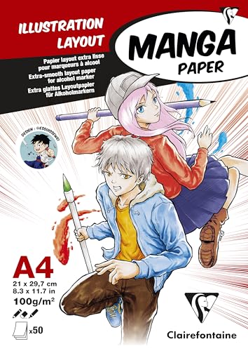 Clairefontaine 94042C Layoutblock (für Manga Comics, ideal für Illustrationen und Multitechniken, DIN A4, 21 x 29,7 cm, 50 Blatt, 100 g, geeignet für Filzmarker mit Alkohol) weiß