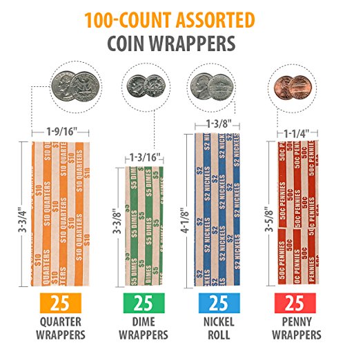 Coin Counters Tubes & Coin Sorters Tray - 4 Color-Coded Coin Sorting Tray and Coin Counting Tubes - Bundle with 100-Count Assorted Coin Roll Wrappers for US Coins
