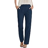 SEMARO Womens Casual High Waisted Linen Feel Pants Tapered Vacation Lounge Pants Trousers with Pockets Navy Blue