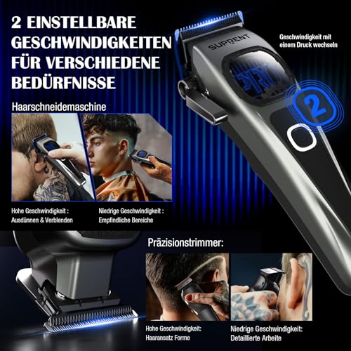 SUPRENT Men's Professional Hair Trimmer - Titanium-Coated Fade Blade, Adjustable Zero-Gap T-Blade, 5 Length Levels, Magnetic Guide Combs, 2500 mAh Battery & Type-C Charging Station
