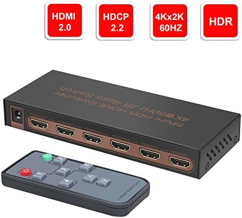 4K@60Hz 5 ports HDMI Switch, YIBAI 5 inputs 1 output HDMI Switch Box with IR Wireless Remote HDMI 2.0,HDCP 2.2,UHD,CEC,HDR HDMI Switcher 5x1 Supports FullHD,3D,For Blu-ray players,PS4, and more.