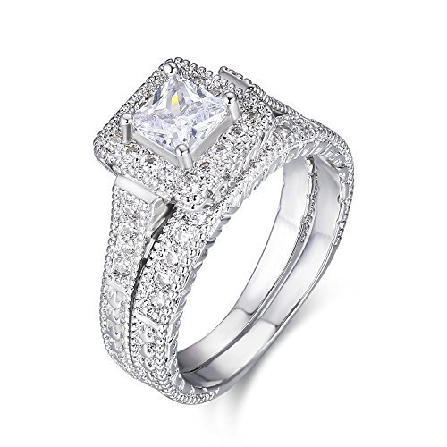 LAVUMO Exquisite Women Wedding Engagement Bridal Set Rings Princess Cut Cubic Zirconia Her Band (8)