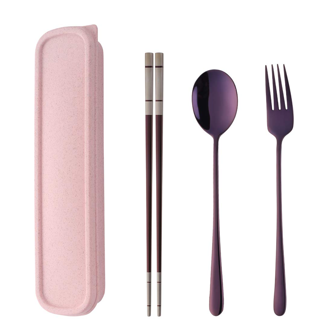 SBOMHS 18/10 Stainless Steel Chopsticks Spoon Fork Portable Cutlery with Case Set for School Home Office Camping Travel Outdoor Purple Colored