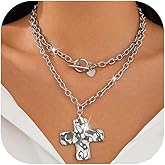 Kprusoian Layered Chunky Cross Necklace for Women,Punk Vintage Hammered Big Cross Heart Pendant Neckalce Statement Thick OT Buckle Chain Necklace Fashion Jewelry