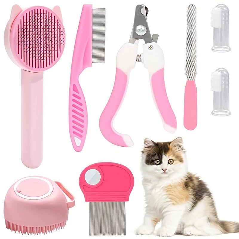 Cosyhomes 8 Pack Pet Grooming Kit - Soft Slicker Brush, Cat & Dog Brush, Pin, Flea Comb, Nail Clippers, File - Professional Set for Dogs & Cats (Pink)