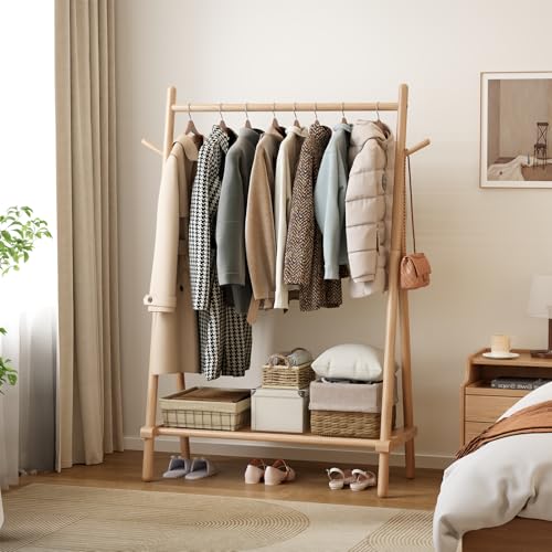AQIMUELE Wooden Clothes Hanger, Clothes Stand, 46 x 100 x 155 cm, Heavy Duty Easy to Assemble Coat Stand with Shoe Stand (Natural)