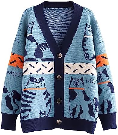 Women Long Sleeve Knit Loose Cardigan Cartoon Sheep V-Neck Button