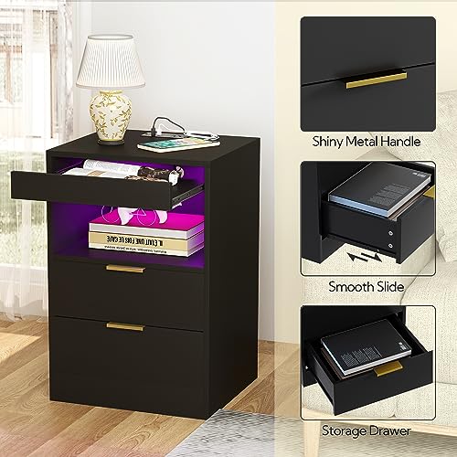 Yusong LED Nightstand Bedside Table with Charging Station 2 Drawers, Black Modern Sofa Couch End Side Table with LED Lights and Pull-Out Shelf for Bedroom Living Room, Wooden