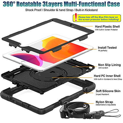SEYMAC stock Case for iPad 9th/8th/7th Generation 10.2'', [Full-Body] Drop Proof Armor Case with 360° Rotating Stand [Pencil Holder][Screen Protector] Hand Strap, Black