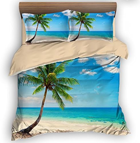 Tropical Palm Tree Beach 3 Piece Bedding Sets 200cm x 230cm Duvet Cover Set 2 Pillow Case 100% Microfiber, Full Size