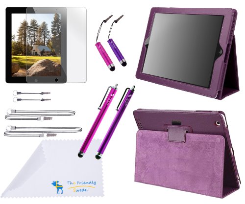 The Friendly Swede Purple PU Leather Case / Stand / Cover for Apple iPad 2 / iPad 3 / iPad 4 + Clear Screen Protector + 2 Medium Stylus Pens + 2 Short Stylus Pens + 2 X 4" / 2 X 12" / 2 X 14" Detachable Lanyards + Cleaning Cloth in Retail Packaging