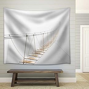 Fuzzy Man Walking on Hanging Bridge Vanishing in Fog - Fabric Wall Tapestry Home Decor - 51x60 inches
