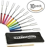 Marshmallow Roasting Sticks Set of 10 Telescoping Smores Skewers & Hot Dog Fork Stainless Steel Non Toxic Child Friendly BPA Free Camping Cookware For Kids and Adults FREE Canvas Pouch