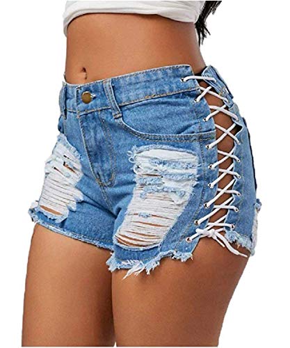 Women's Ripped Hole Denim Shorts Side Straps Sexy Mini Hot Pants(Blue XXL)