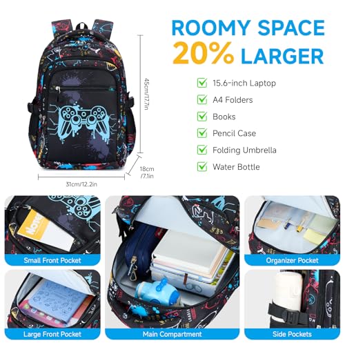 Amythe Children's Backpack, Elementary and Middle School, Large Bright Night Boy Backpack with 15.6 Inch Laptop Compartment, Ergonomic, Water-Repellent, Casual Backpacks Teenagers