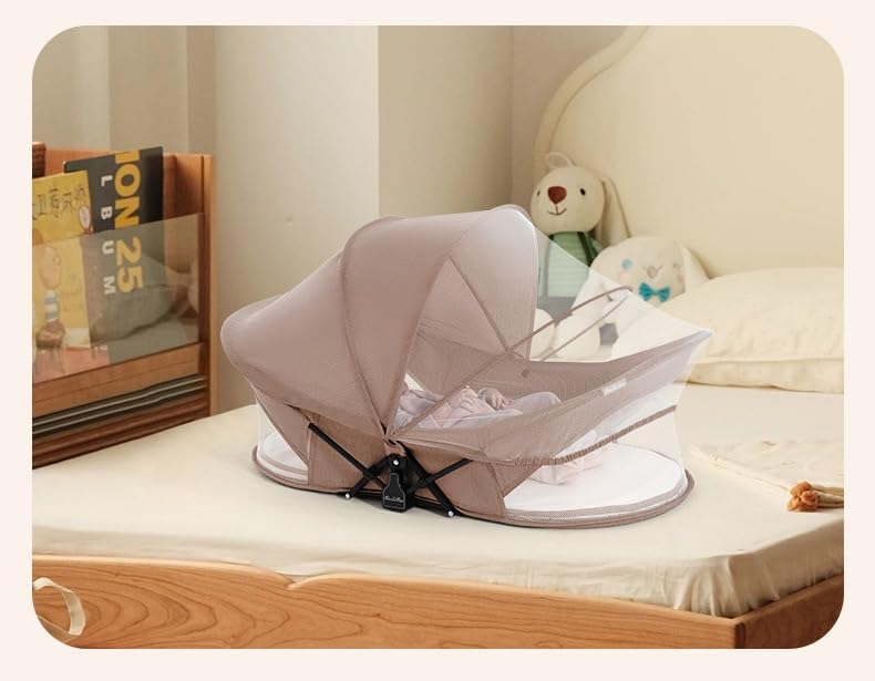 CENXI Travel Bassinet Portable Baby Bed for Newborn Infants-Folding Bassinet in Bed Mini Crib Breathable Travel Bed Quick Fold Newborn Infant Sleeper with Mosquito Net and Travel Bag (Khaki)