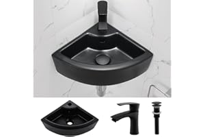 Corner Wall Mount Small Bathroom Sink with Overflow-Bokaiya 18x13 Inch Corner Vessel Sink Small Wall Mounted Sink Triangle Matte Black Porcelain Ceramic Bathroom Sink withFauct and Drain Combo