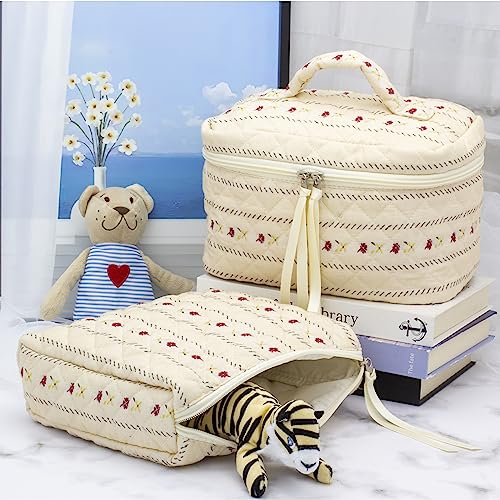 PAZIMIIK Quilted Makeup Bag Large Travel Zipper Soft Cosmetic Pouch for Women Girls Make Up,Little Flower Beige