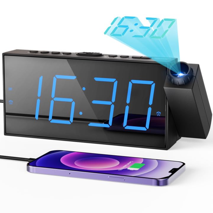 ROCAM Projection Alarm Clock, Digital Alarm with USB Charge Port, Projector for Bedroom with Dimmer, Loud Alarm Clock Bedside for Heavy Sleepers, Snooze