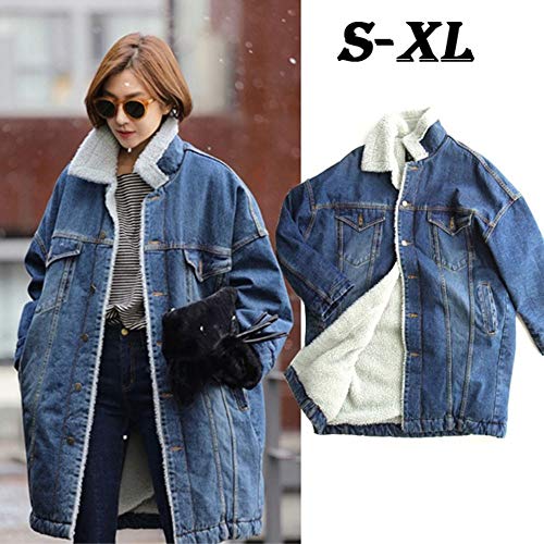 Sttech1 Women Winter Warm Velvet Denim Jacket Long Jean Coat Outwear Overcoat