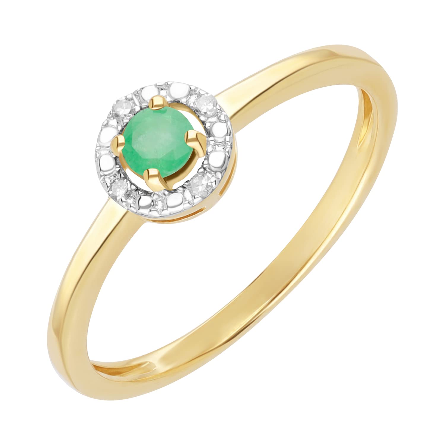 Ivy Gems 9ct Yellow Gold Round Cut Emerald & Diamond Solitaire Halo Ring - Size L