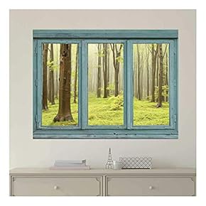 Vintage Teal Window Looking Out Into a Green Foggy Forest - Wall Mural, Removable Sticker, Home Decor - 24x32 inches