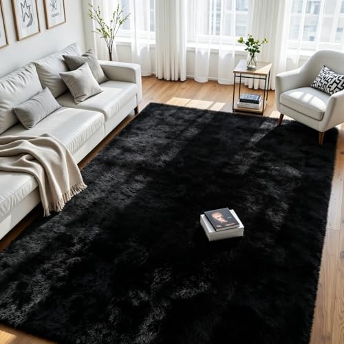 8x10 Area Rug for Living Room, Ultra Soft Fluffy Black Rugs for Bedroom, Non Slip Large Shag Carpet, Fuzzy Plush Nursery Rug, Thick Washable Indoor Floor Carpets for Kids Office Dorm Home Decor