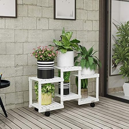 Weston Crafts Pine Wood Plant Stand Indoor Outdoor Multiple Flower Pot Holder Shelf Rack Higher and Lower Planter Display Shelving Unit in Garden Balcony Patio Living Room(7-9 Flowerpots)